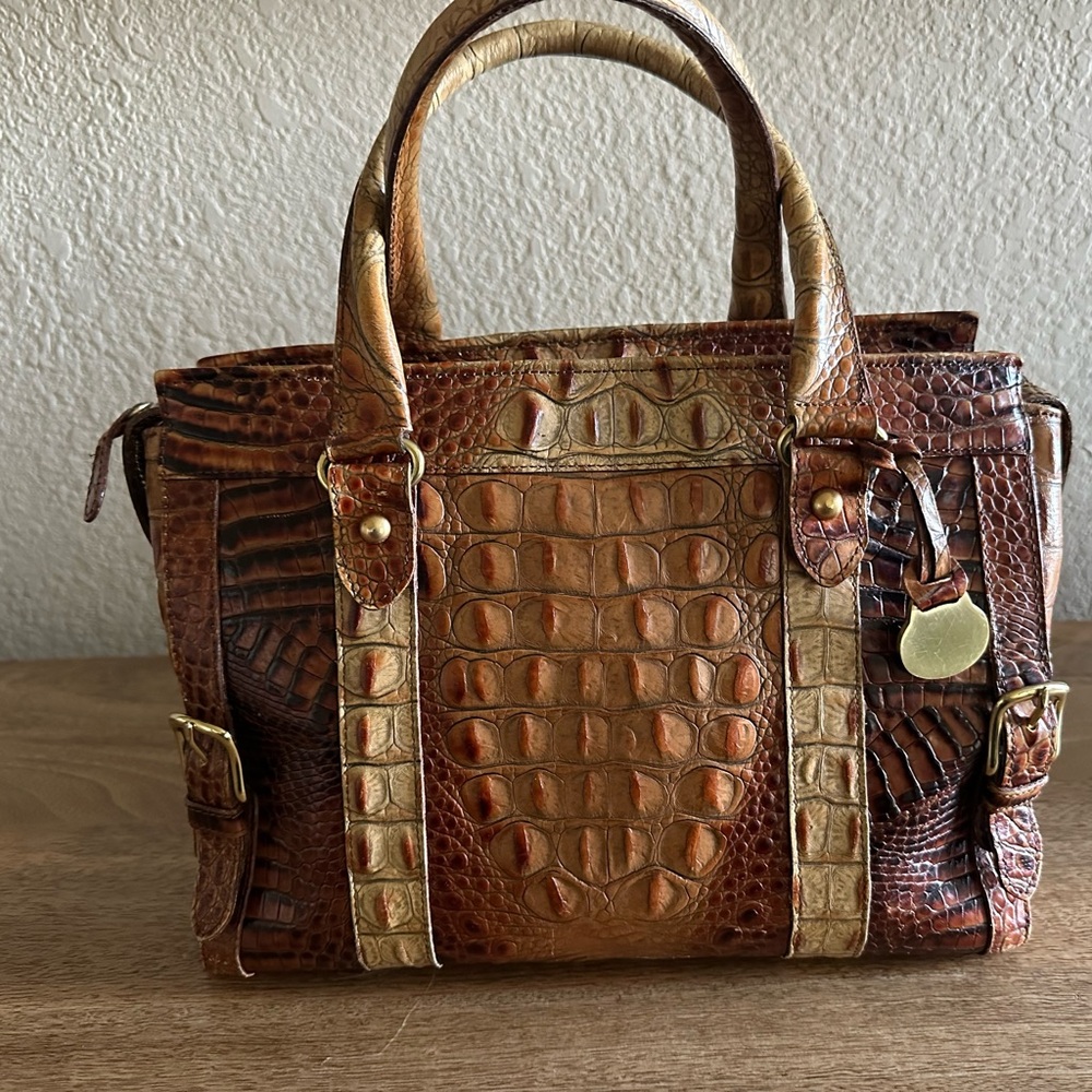 Brahim brown Melbourne signature croc-embossed leather satchel. Genuine leather.